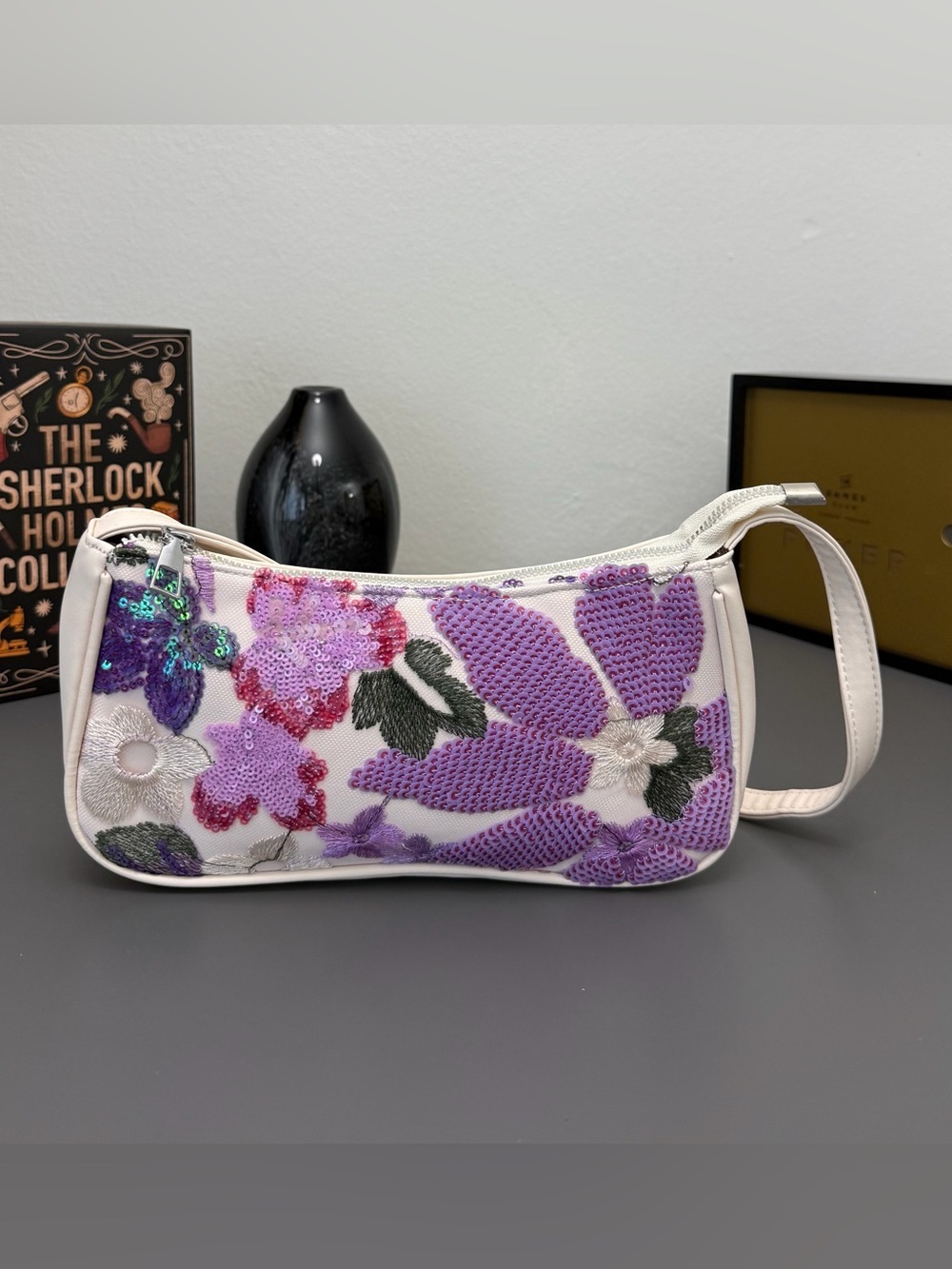 New White Floral Sequin Shoulder Bag Y2K Embroidered Beaded Baguette